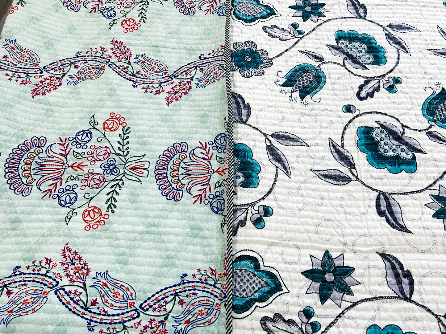 Reversible Quilted Cotton Bedcover – King Size | Teal & Grey Floral + Multicolor Print