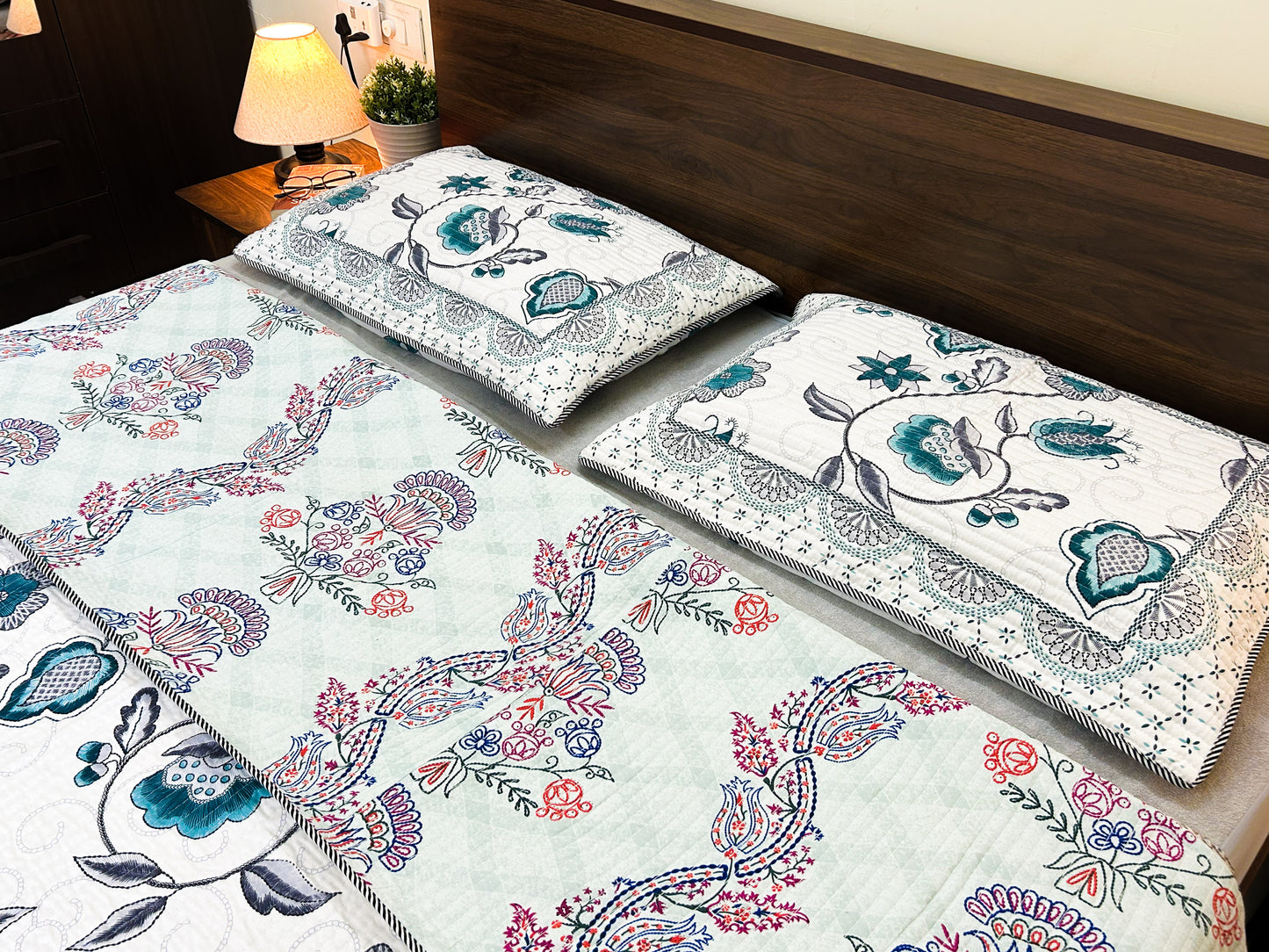 Reversible Quilted Cotton Bedcover – King Size | Teal & Grey Floral + Multicolor Print