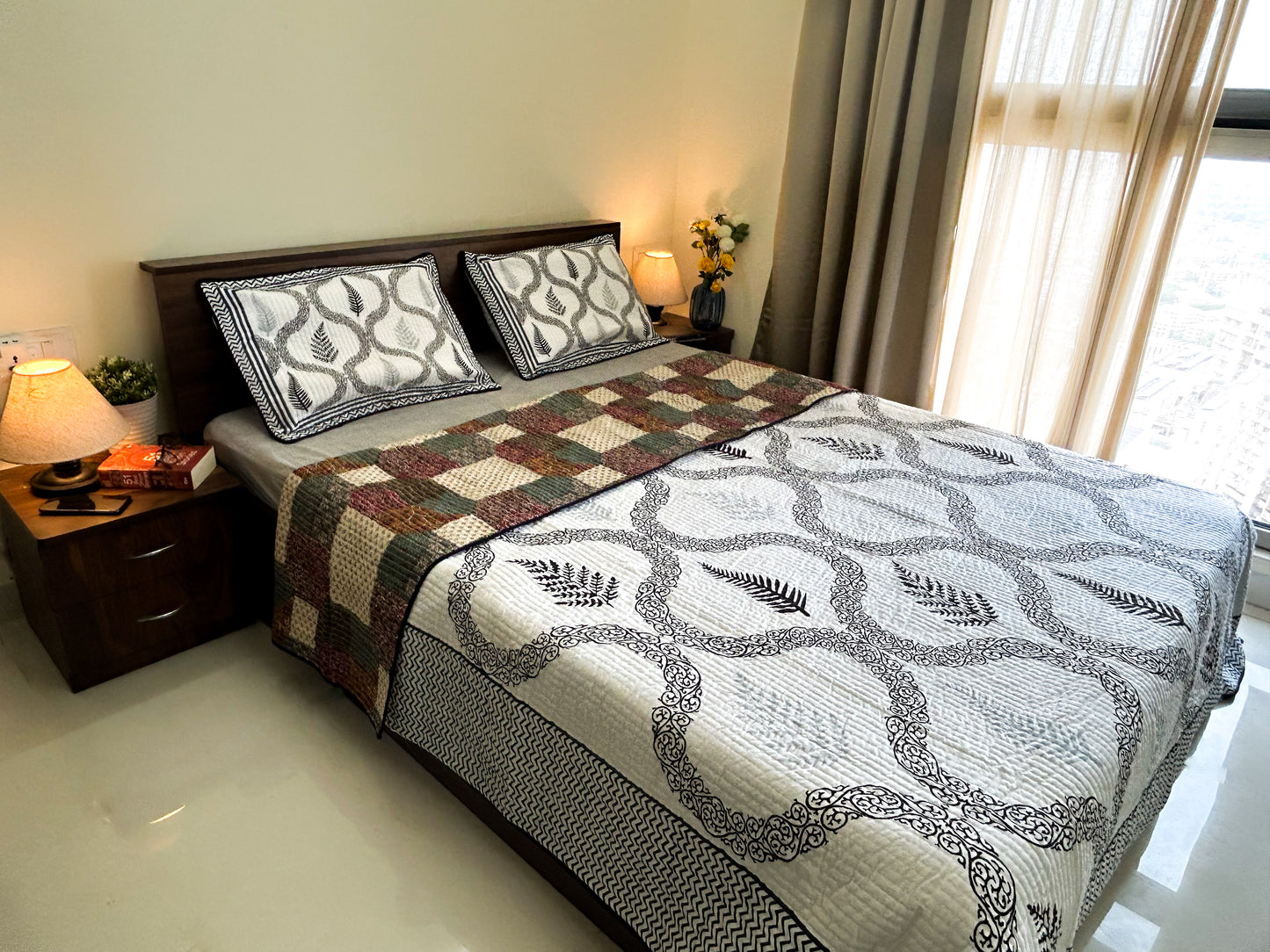 Reversible Quilted King Size Bedcover – Monochrome Elegance & Patchwork Charm