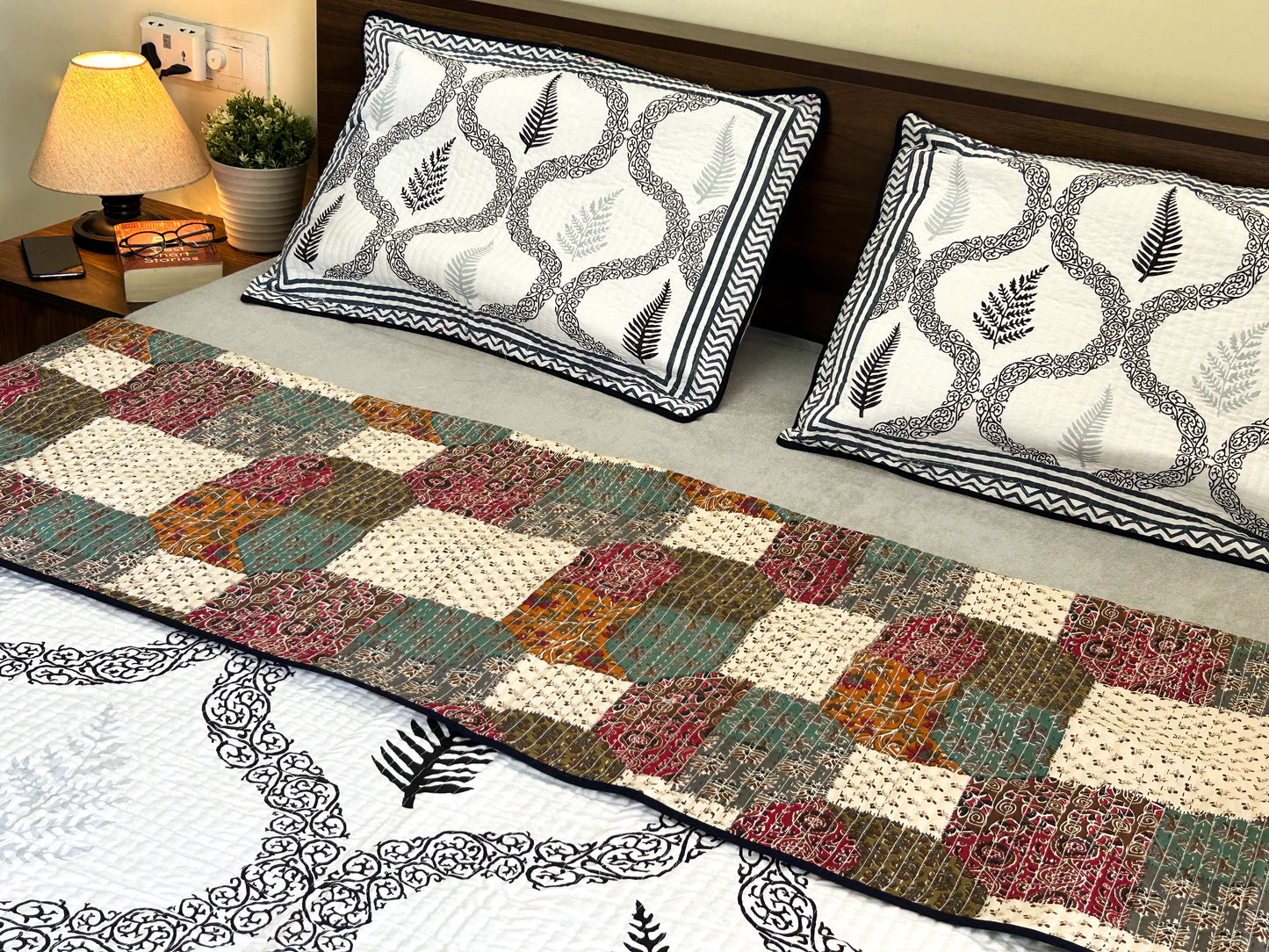 Reversible Quilted King Size Bedcover – Monochrome Elegance & Patchwork Charm