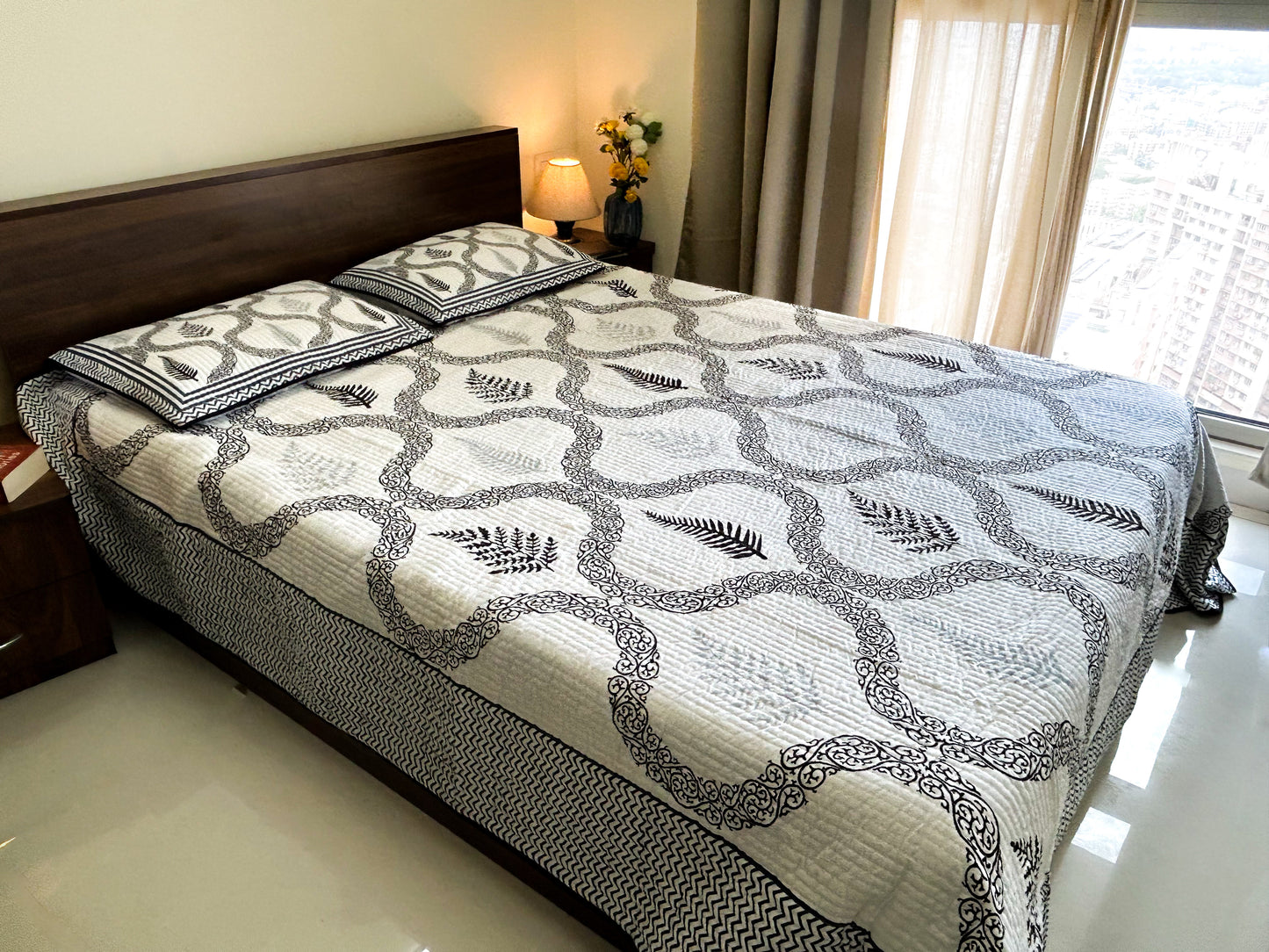 Reversible Quilted King Size Bedcover – Monochrome Elegance & Patchwork Charm