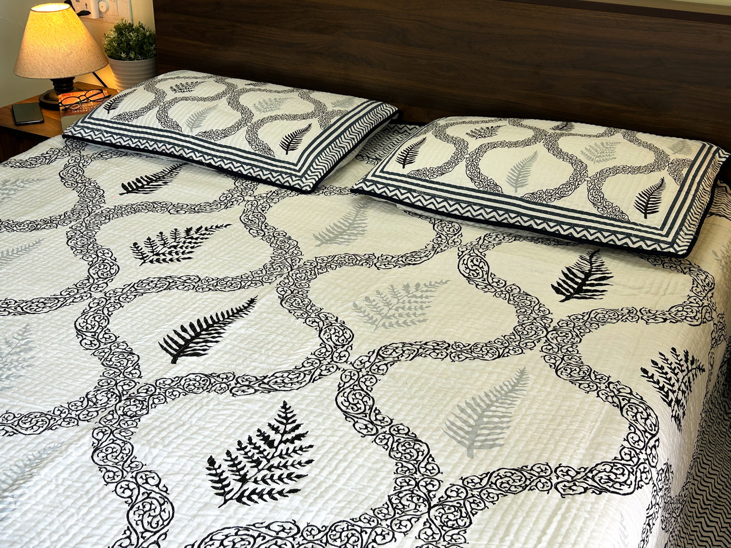 Reversible Quilted King Size Bedcover – Monochrome Elegance & Patchwork Charm