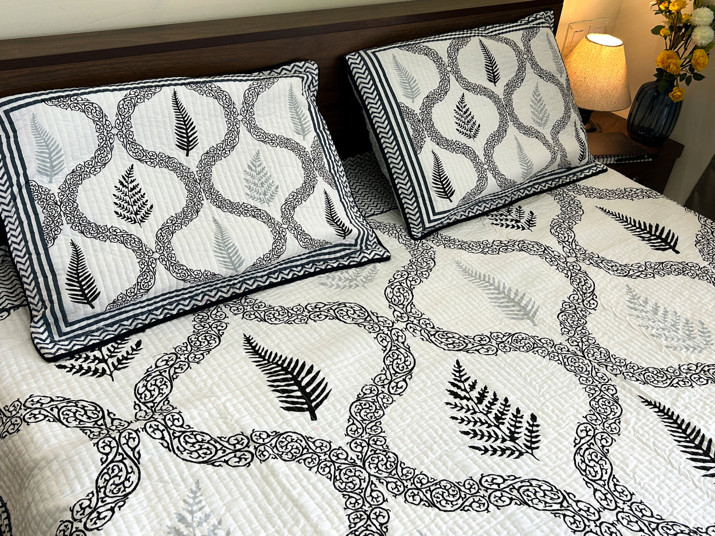 Reversible Quilted King Size Bedcover – Monochrome Elegance & Patchwork Charm