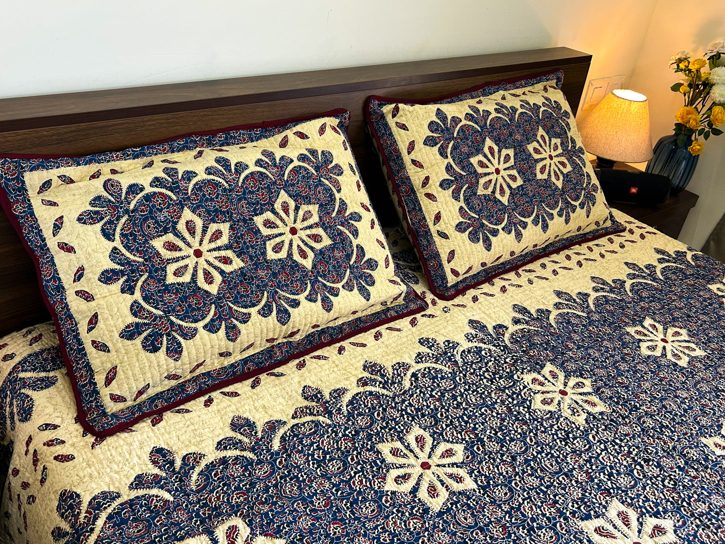 Reversible Quilted King Size Bedcover – Handcrafted in 100% Cotton with Floral & Geometric Prints