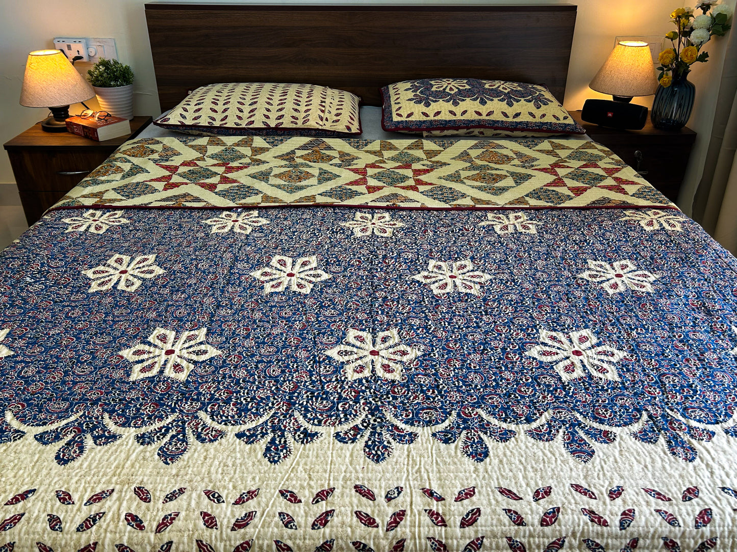 Reversible Quilted King Size Bedcover – Handcrafted in 100% Cotton with Floral & Geometric Prints