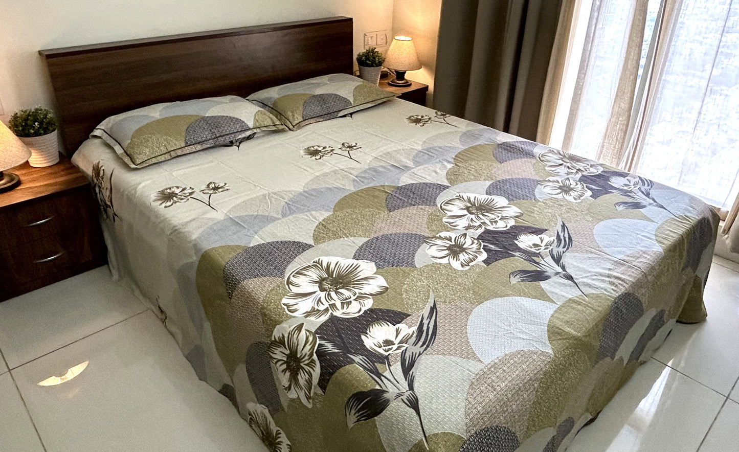 Olive & Taupe Floral Scallop King Size Bedsheet Set