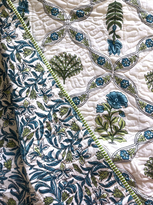 Turquoise Blossom Mulmul Quilted Bedcover 4 piece Set