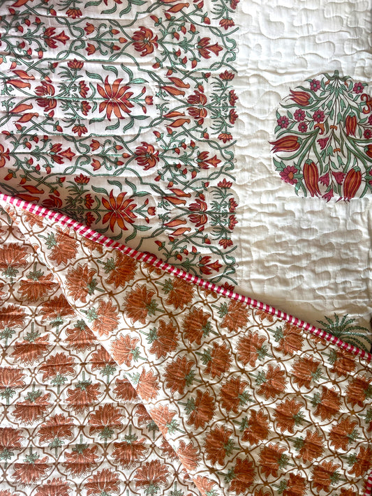 Palm trees & Floral Mulmul Quilted Bedcover 4-Piece Set