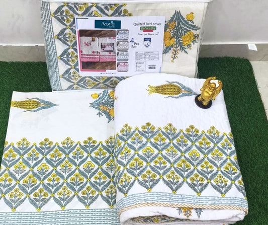 Yellow Floral Mulmul Quilted Bedcover 4-Piece Set