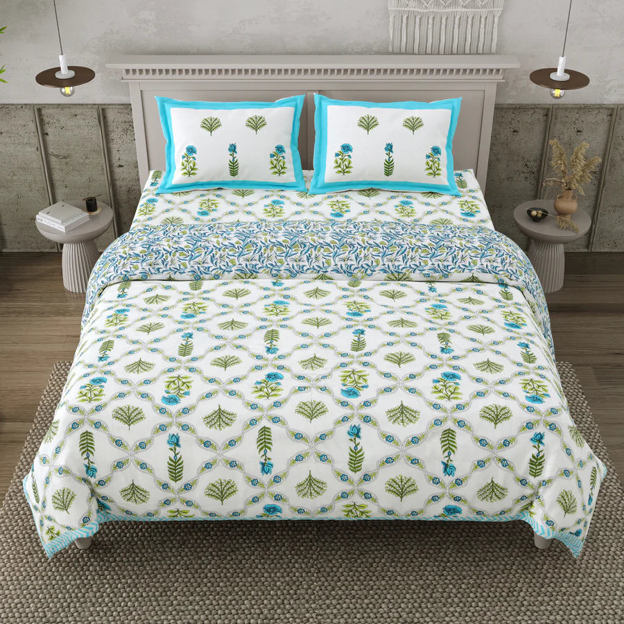 Turquoise Blossom Mulmul Quilted Bedcover 4 piece Set