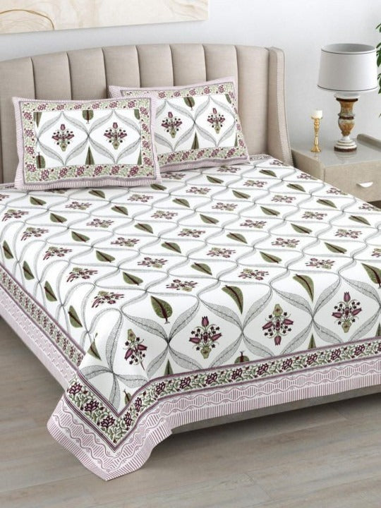 Pink Mauve & White Jaipuri Handblock 200 TC 100% Pure Cotton King Size Bedsheet with 2 Pillow Covers
