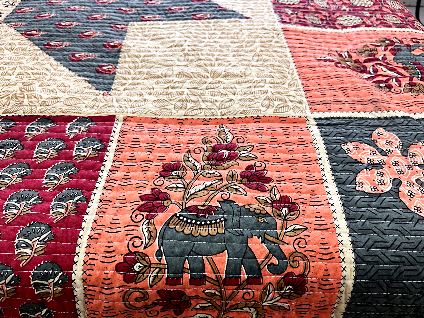 Double-Sided Quilted King Size Bedcover Set – 100% Cotton Hand Block Print (Floral & Star Motif)
