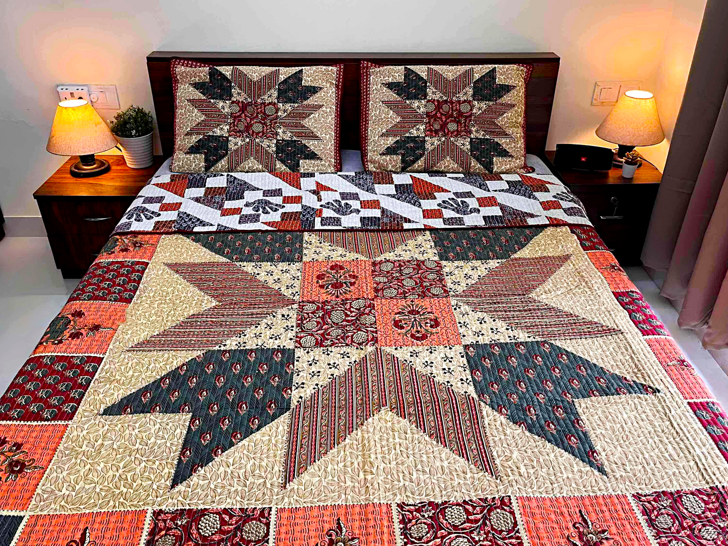 Double-Sided Quilted King Size Bedcover Set – 100% Cotton Hand Block Print (Floral & Star Motif)