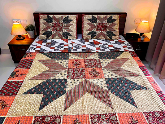 Geometric Quilted King Size Bedcover Set – 100% Cotton (Floral & Star Motif)