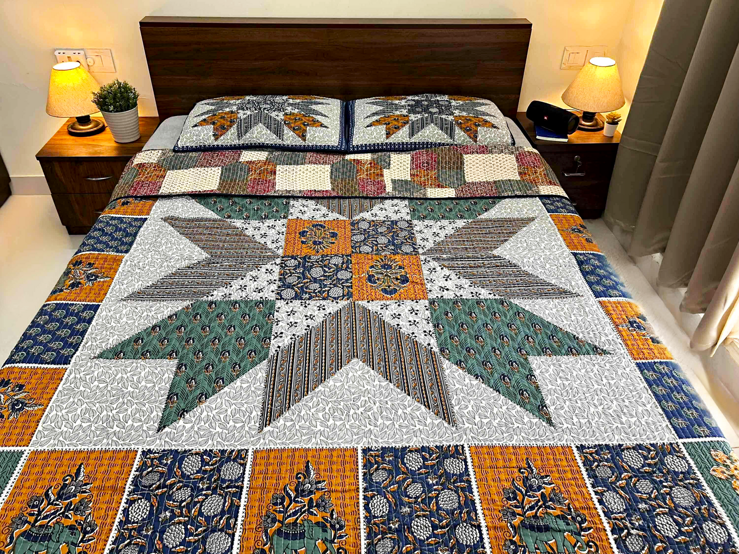 Double-Sided Quilted King Size Bedcover Set – 100% Cotton Hand Block Print