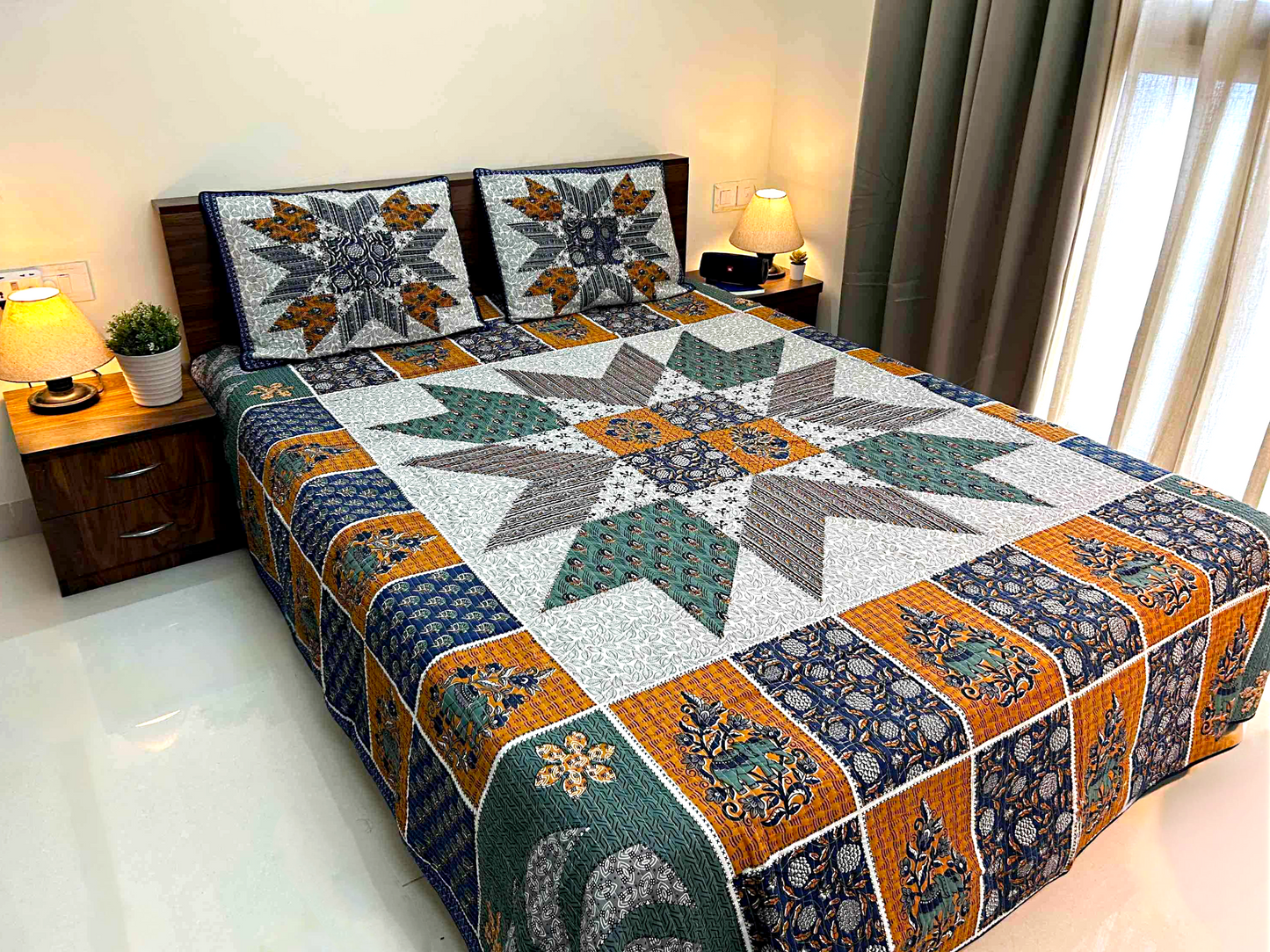 Double-Sided Quilted King Size Bedcover Set – 100% Cotton Hand Block Print
