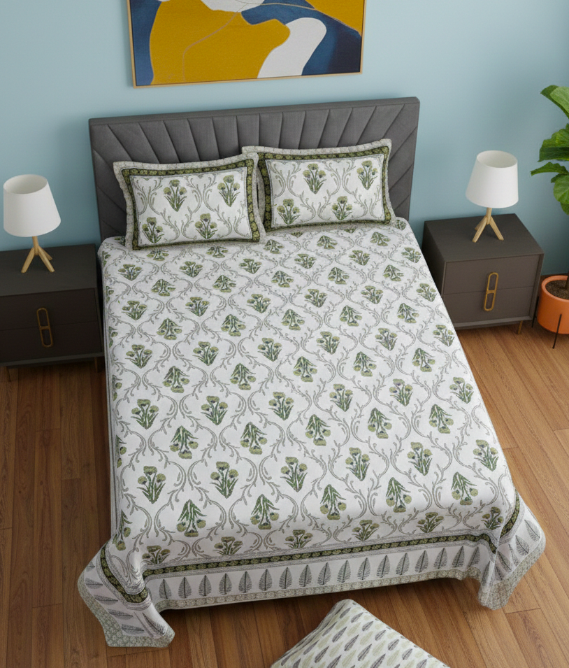 Green and White Jaipuri Print 200 TC Pure Cotton King Size Bedsheet with 2 Pillow Covers