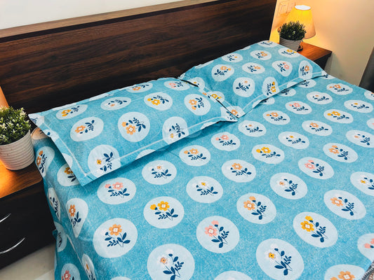 Aqua Blossom – 350 TC Pure Cotton King Size Bedsheet with 2 Pillow Covers