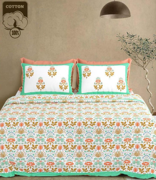 Vibrant Garden Jaipuri Handblocked Print Cotton King Size Bedsheet Set