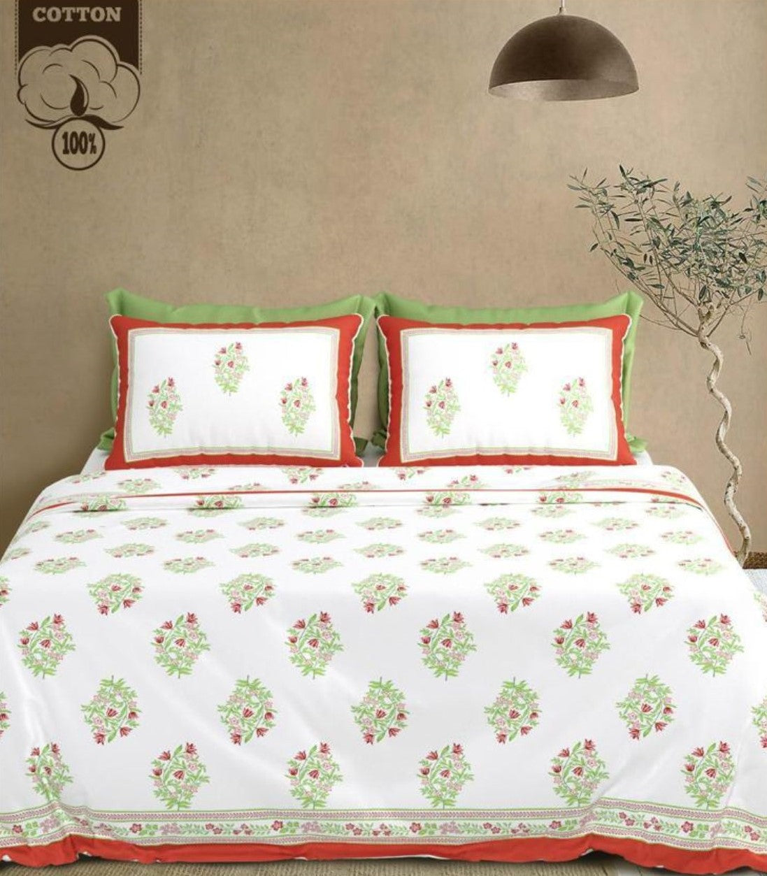 Fresh Florals & Vine Jaipuri Handblocked Print King Size Bedsheet
