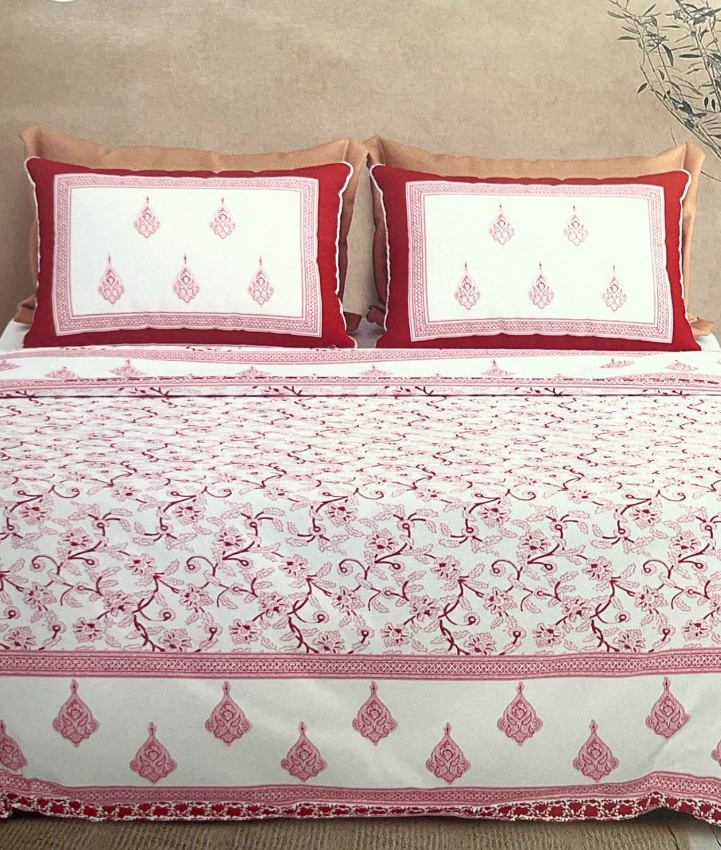 Monochrome Vine Jaipuri Handblocked Print Cotton King Size Bedsheet Set