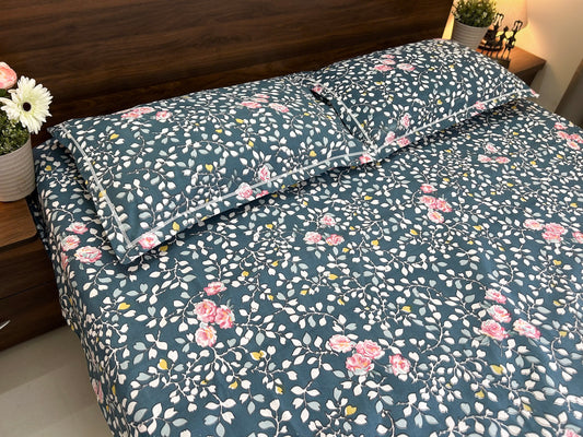 Midnight Bloom – 100% Cotton 350 TC King Size Bedsheet Set