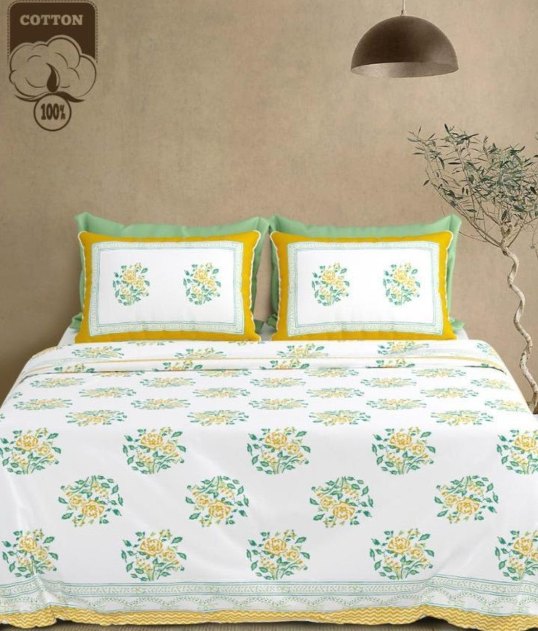 Jaipuri Floral Handblocked Print Cotton King Size Bedsheet Set