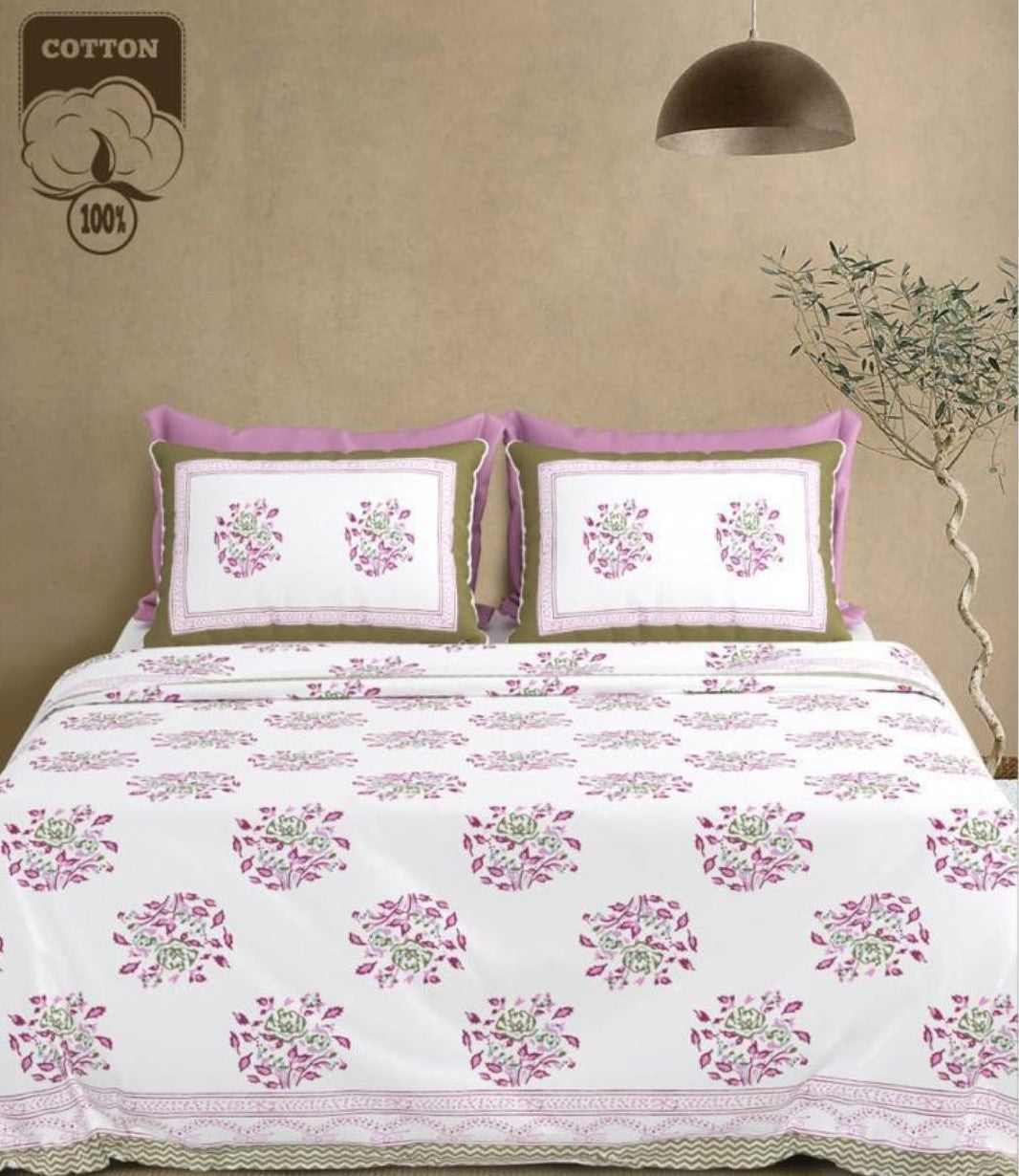 Jaipuri Floral Handblocked Print Cotton King Size Bedsheet Set