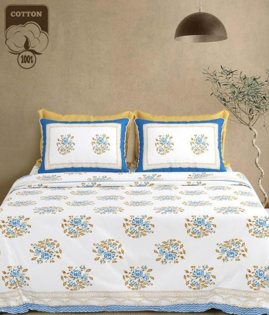 Jaipuri Floral Handblocked Print Cotton King Size Bedsheet Set