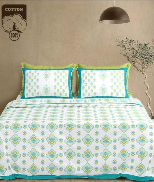 Diamond Floral Jaipuri  Handblocked Print Cotton King Size Bedsheet Set