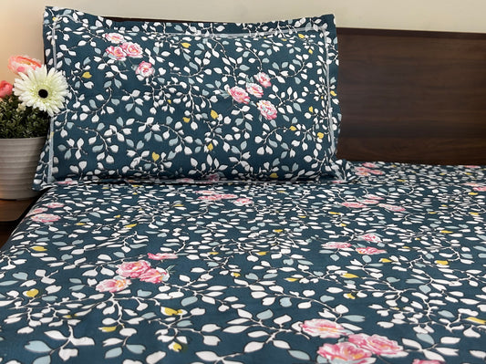 Midnight Bloom – 100% Cotton 350 TC King Size Bedsheet Set