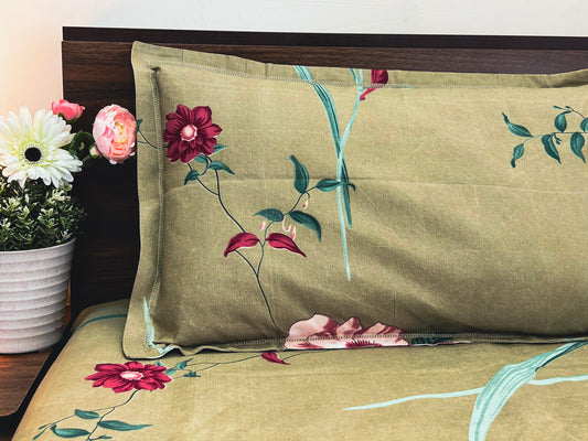 Olive Bloom – 350 TC Pure Cotton King Size Bedsheet with 2 Pillow Covers