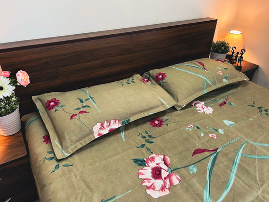 Olive Bloom – 350 TC Pure Cotton King Size Bedsheet with 2 Pillow Covers