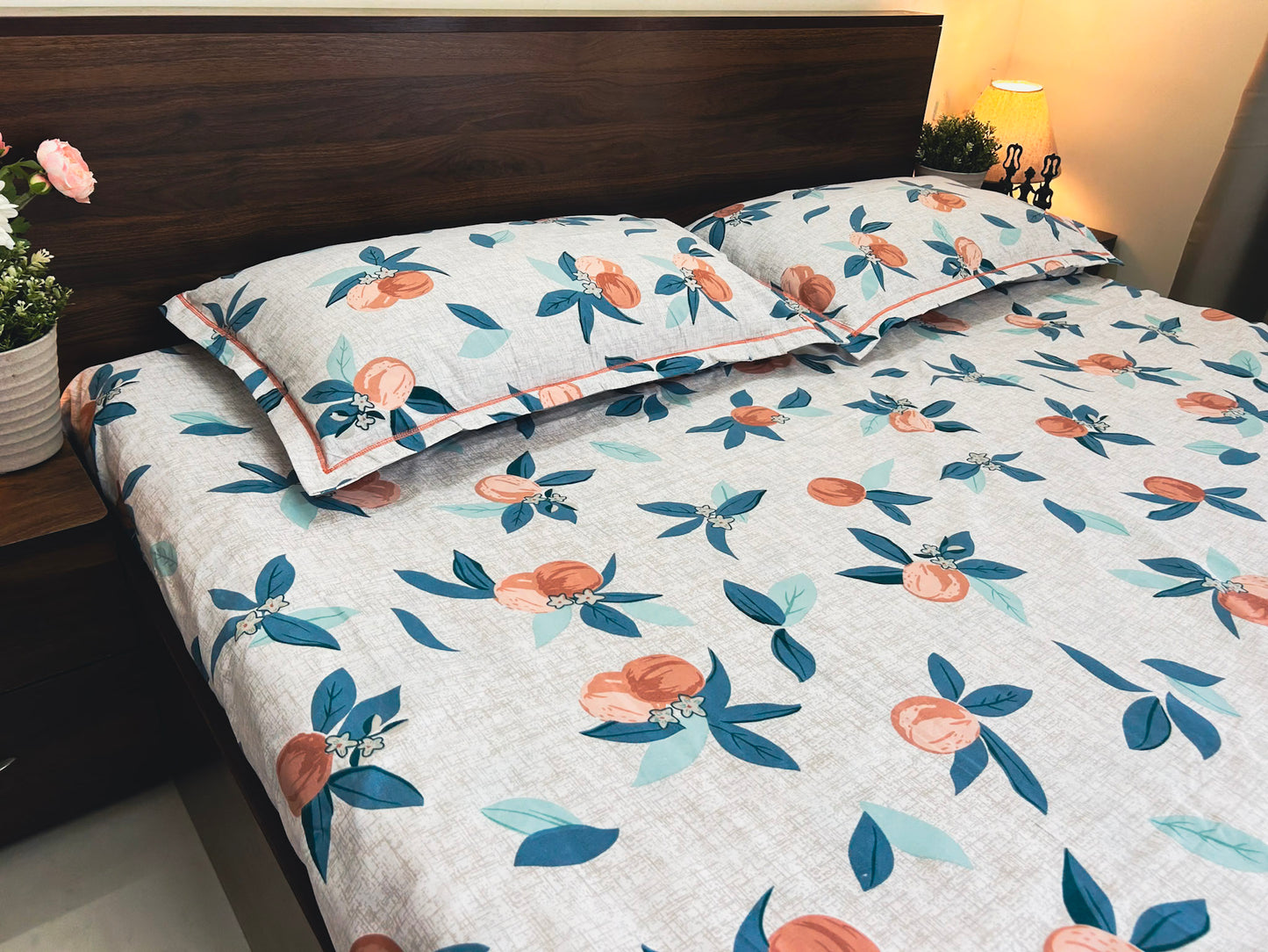 Peach Orchard – 350 TC Pure Cotton King Size Bedsheet with 2 Pillow Covers