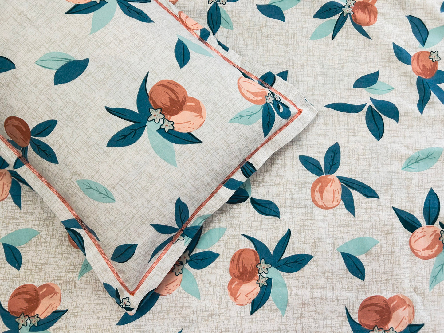 Peach Orchard – 350 TC Pure Cotton King Size Bedsheet with 2 Pillow Covers