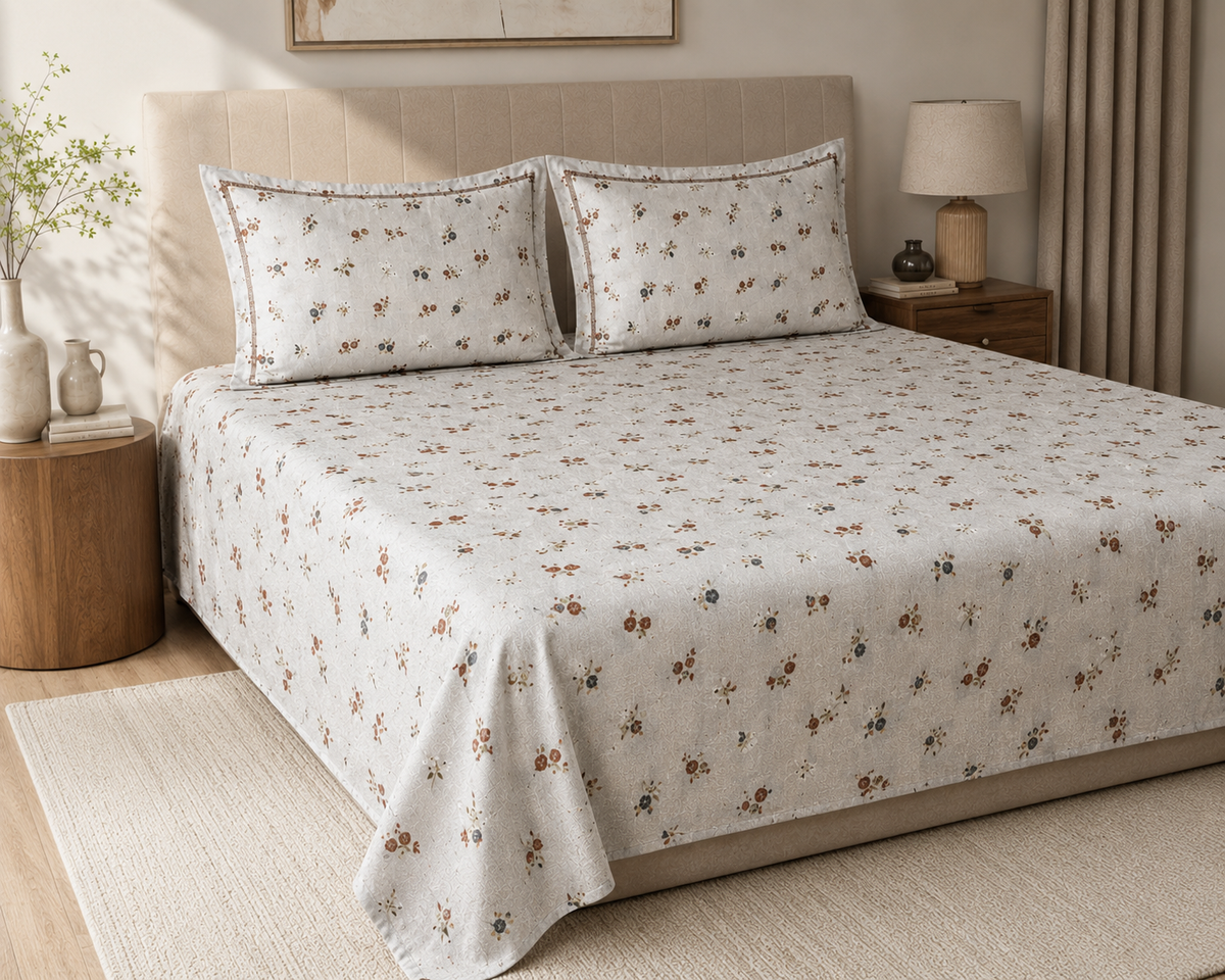 Light Grey Floral 300 TC Pure Cotton King Size Bedsheet Set