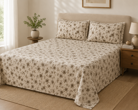 Beige Brown Floral Vine 300 TC Cotton King Size Bedsheet