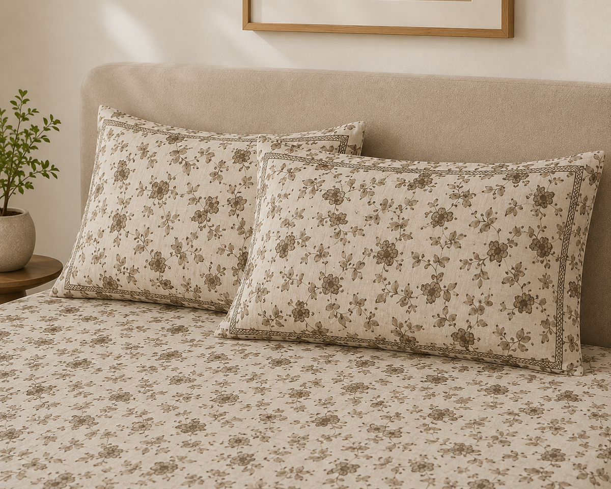 Beige Brown Floral Vine 300 TC Cotton King Size Bedsheet