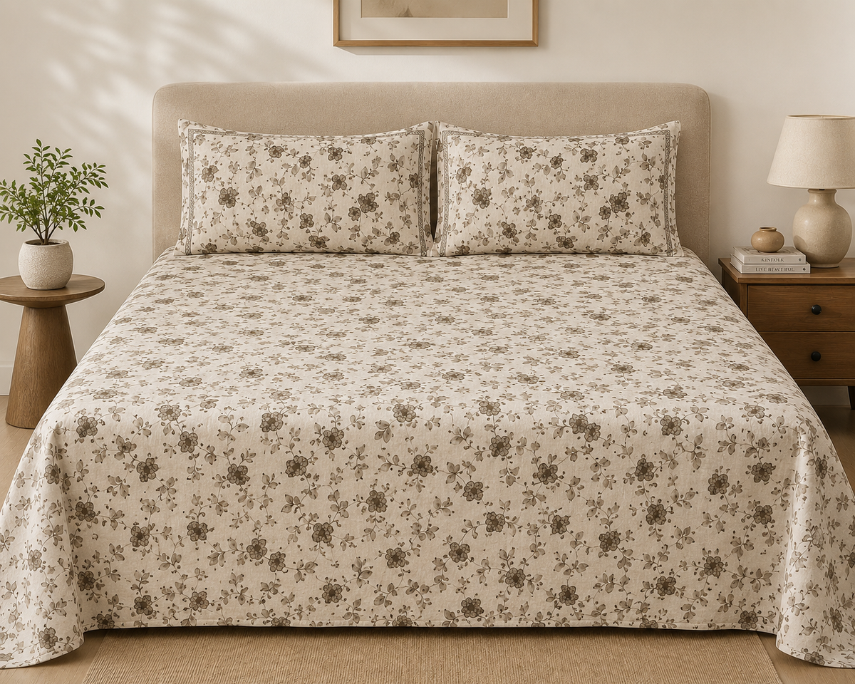 Beige Brown Floral Vine 300 TC Cotton King Size Bedsheet