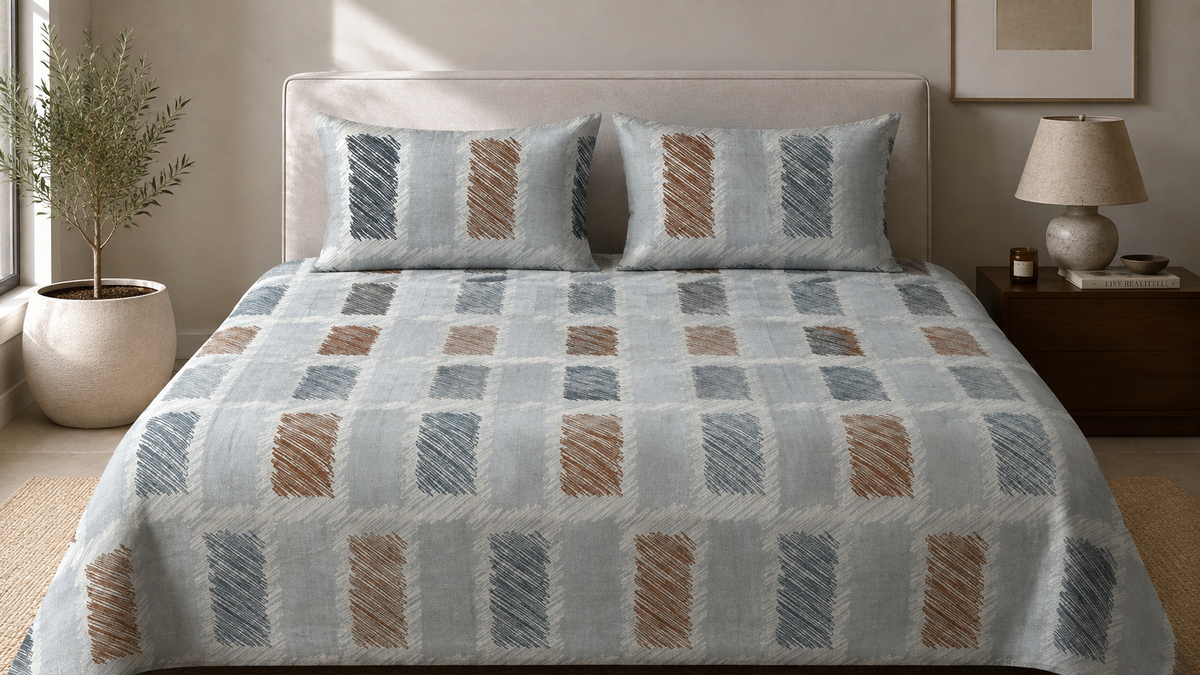 Light Blue Geometric 300 TC Cotton King Size Bedsheet