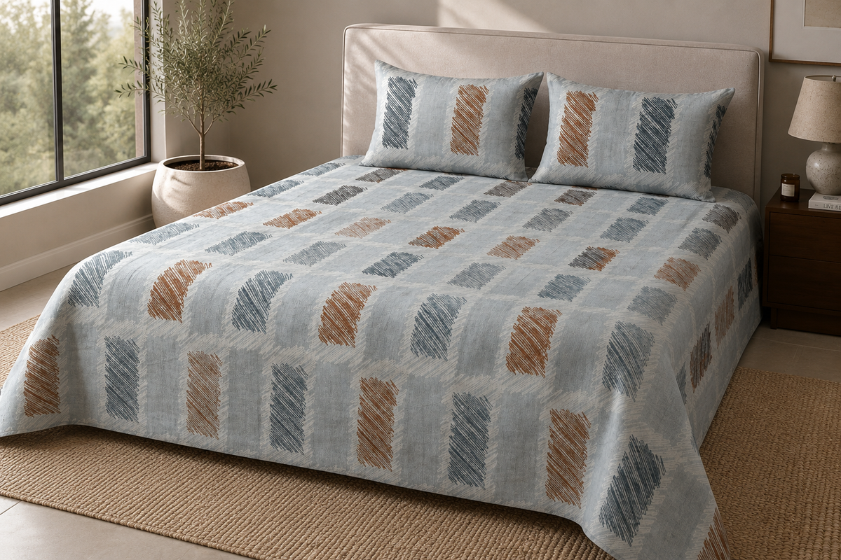 Light Blue Geometric 300 TC Cotton King Size Bedsheet