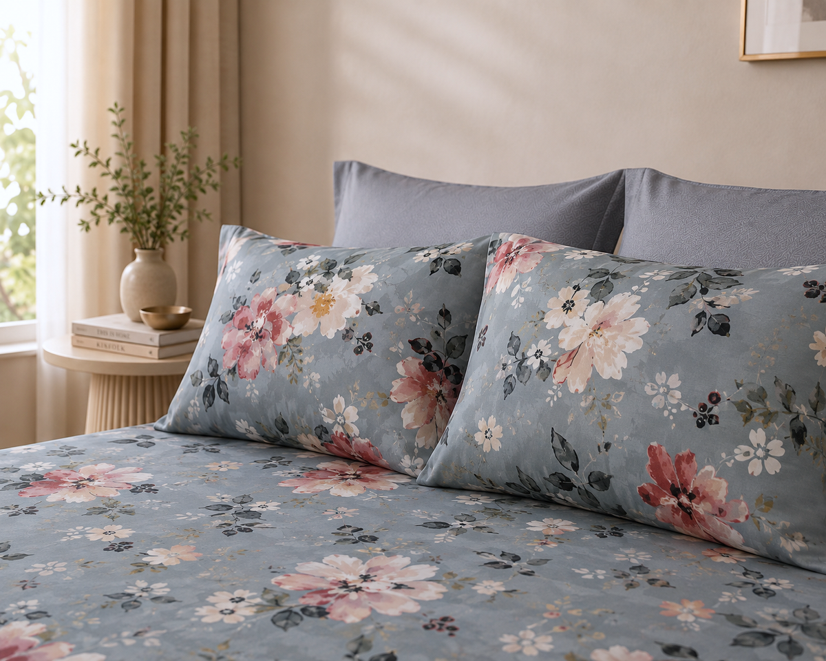 Pink & Blue Botanical Print King Size Bedsheet