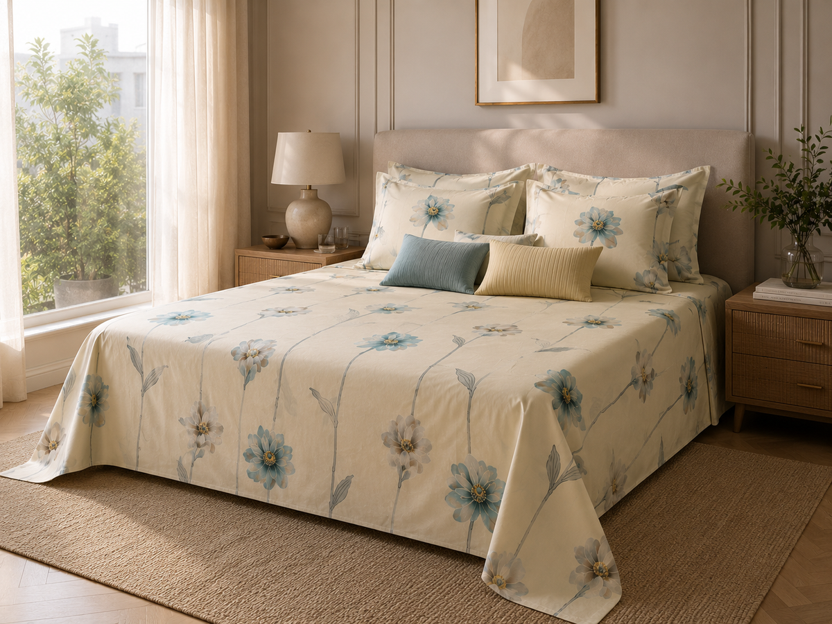 Blue Meadow Floral King Size Bedsheet