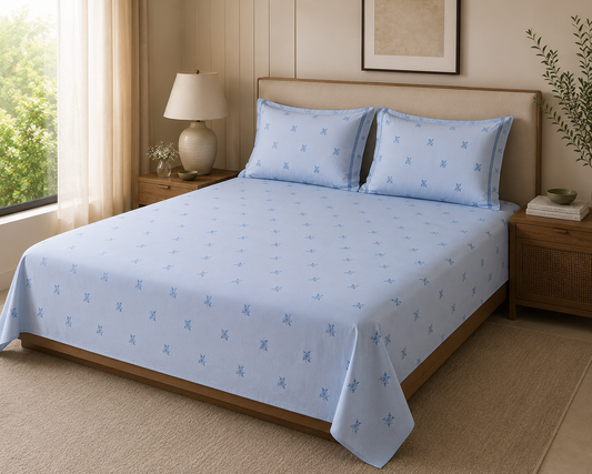 Light Blue Floral 300 TC Cotton King Size Bedsheet