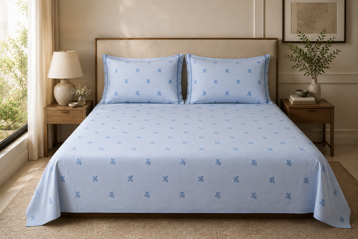 Light Blue Floral 300 TC Cotton King Size Bedsheet