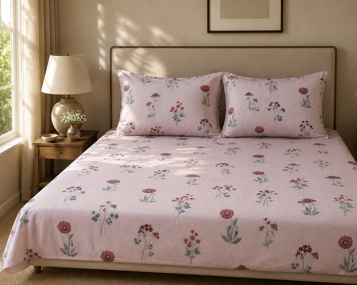 Pink Floral 300 TC Cotton King Size Bedsheet