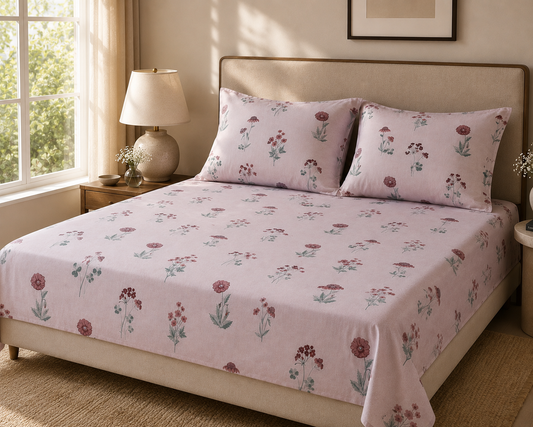 Pink Floral 300 TC Cotton King Size Bedsheet