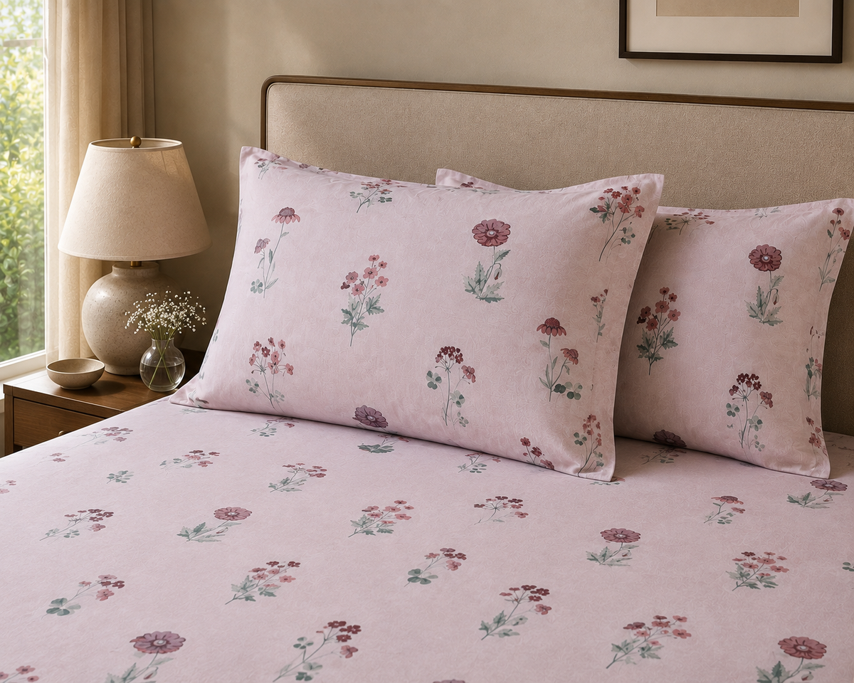 Pink Floral 300 TC Cotton King Size Bedsheet
