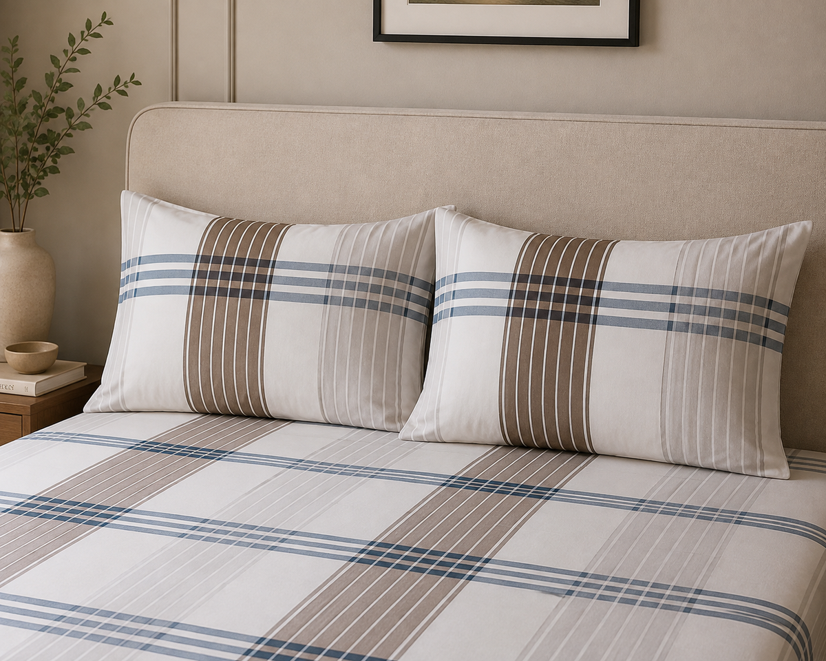 Brown & Blue Check King Size Cotton Bedsheet