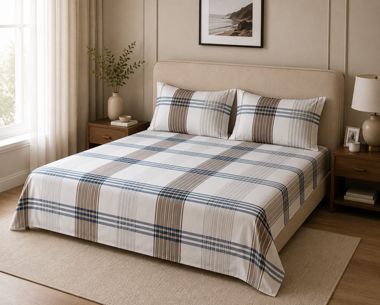 Brown & Blue Check King Size Cotton Bedsheet